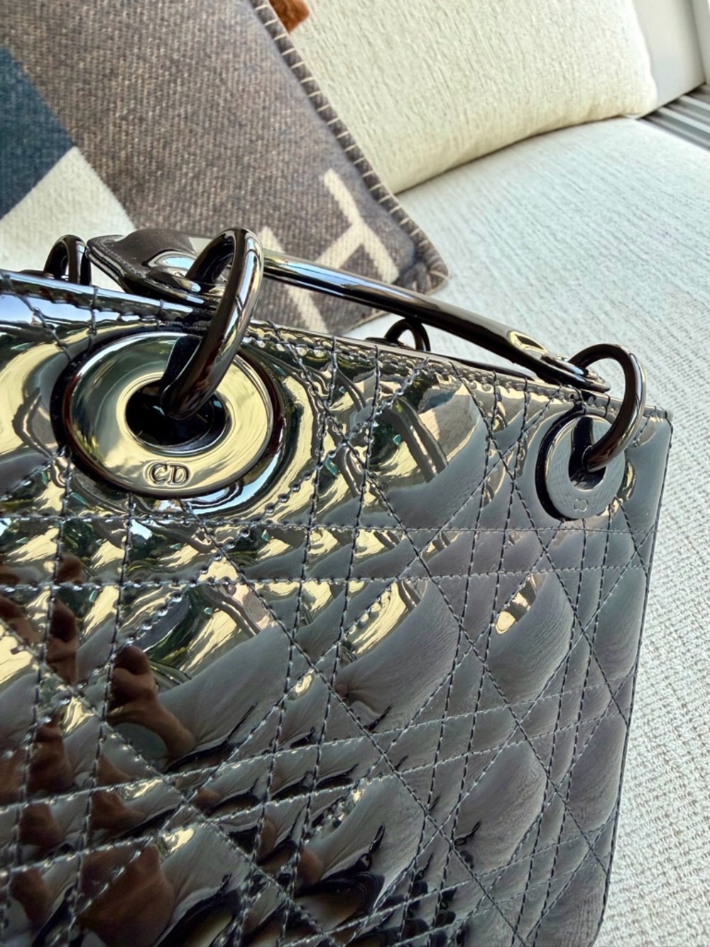 Black Patent Quilted Leather Top-Handle Bag - Picture 13 of 17